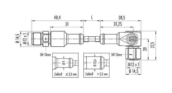Dibujo a escala M12 Cable de conexión conector hembra en ángulo, Número de contactos: 5, sin blindaje, moldeado en el cable, IP67/IP69K, UL 2238, Ecolab, PVC, gris, 5 x 0,34 mm², Industria alimentaria, Acero inoxidable, 5 m