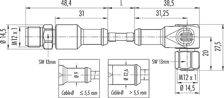 Dessin coté M12 Câble de raccordement connecteur femelle coudé, Contacts: 4, non blindé, surmoulé sur le câble, IP67/IP69K, UL 2238, Ecolab, PVC, gris, 4 x 0,34 mm², Industrie alimentaire, Acier inoxydable, 2 m