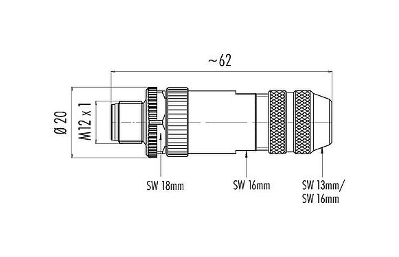 Scale drawing M12 Male cable connector, Contacts: 4, 6.0-8.0 mm, shieldable, screw clamp, IP67, UL 2238