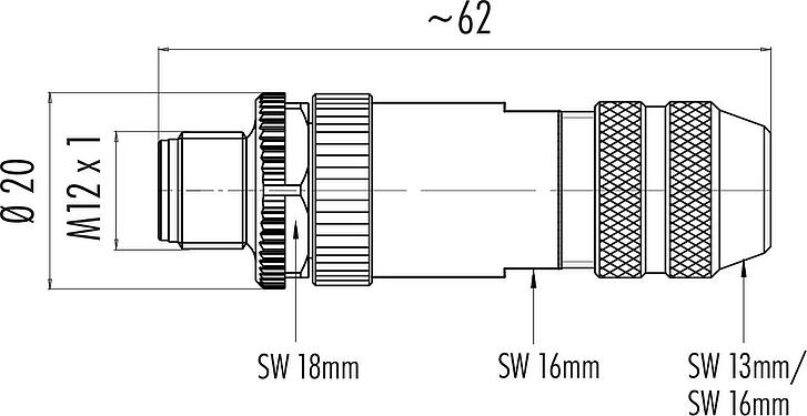Scale drawing M12 Male cable connector, Contacts: 4, 6.0-8.0 mm, shieldable, screw clamp, IP67, UL 2238