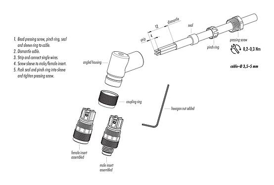 Assembly instructions M8 Male angled connector, Contacts: 4, 3.5-5.0 mm, unshielded, screw clamp, IP67, UL 2238