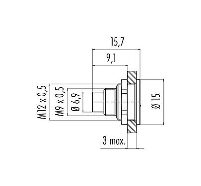 Scale drawing 09 0415 80 05 - M9 Male panel mount connector, Contacts: 5, unshielded, solder, IP67, front fastened