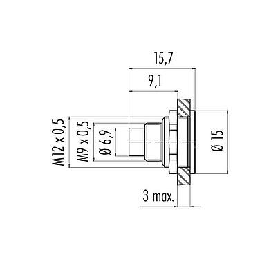 Scale drawing M9 Male panel mount connector, Contacts: 2, unshielded, solder, IP67, M12x0.5, Rear mounting, potted