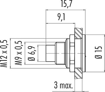Scale drawing M9 Male panel mount connector, Contacts: 5, unshielded, solder, IP67, M12x0.5, Rear mounting, potted