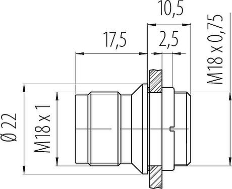 Dibujo a escala M18 Enchufe de brida, Número de contactos: 4, sin blindaje, soldadura, IP67, UL, M18x0,75, Montaje frontal
