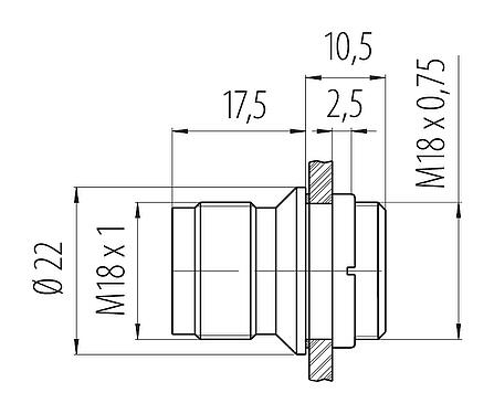 Dibujo a escala M18 Enchufe de brida, Número de contactos: 4, sin blindaje, soldadura, IP67, M18x0,75, Montaje frontal