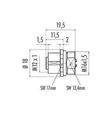 Dessin coté M12 Embase femelle, Contacts: 5, non blindé, souder, IP68, UL 2238, M16x1,5, Montage frontal