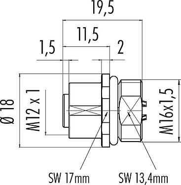 Dibujo a escala M12 Toma de brida, Número de contactos: 8, sin blindaje, soldadura, IP68, UL 2238, M16x1,5, Montaje frontal
