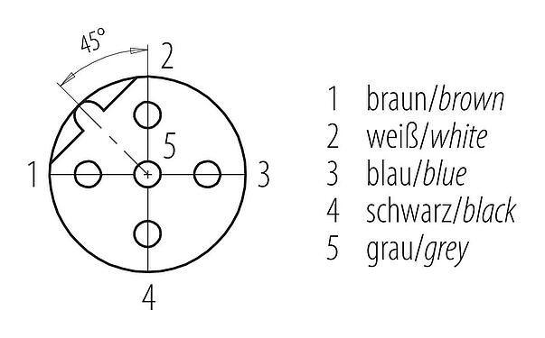 Disposition des contacts (Côté plug-in) M12 Connecteur femelle, Contacts: 5, non blindé, surmoulé sur le câble, IP68/IP69K, UL 2238, PVC, gris, 5 x 0,34 mm², 5 m