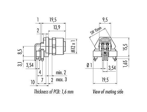 Dessin coté M12 Embase femelle, coudé, Contacts: 4, blindable, THR, IP68, UL 2238, M12x1,0, Montage frontal, pour assemblage PCB