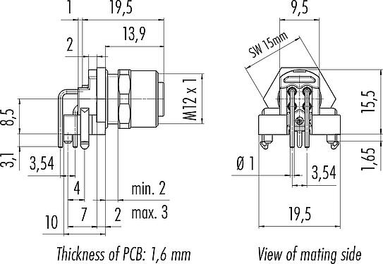 Dessin coté M12 Embase femelle, coudé, Contacts: 4, blindable, THR, IP68, UL 2238, M12x1,0, Montage frontal, pour assemblage PCB