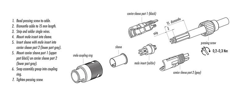 Assembly instructions Bayonet Male cable connector, Contacts: 8, 4.0-5.0 mm, unshielded, solder, IP40