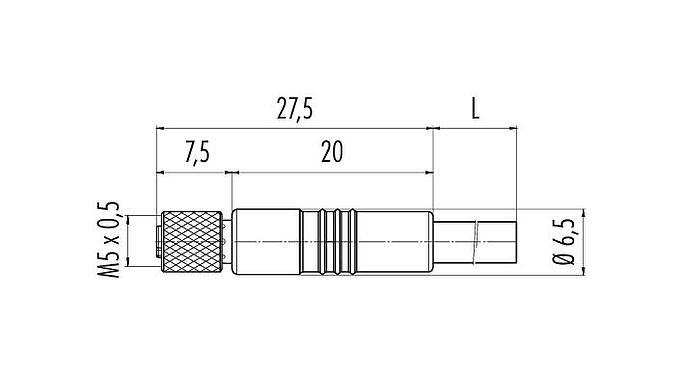 Dibujo a escala M5 Conector de cable hembra, Número de contactos: 3, sin blindaje, moldeado en el cable, IP67, UL 2238, M5x0,5, PUR, negro, 3 x 0,14 mm², 5 m