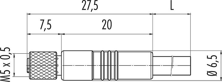 Scale drawing M5 Female cable connector, Contacts: 3, unshielded, moulded on the cable, IP67, UL 2238, M5x0.5, PUR, black, 3 x 0.14 mm², 5 m
