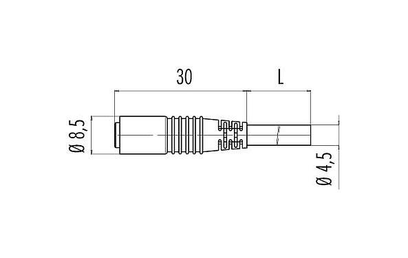 Dessin coté M8 Connecteur femelle, Contacts: 3, non blindé, surmoulé sur le câble, IP65, PUR, noir, 3 x 0,14 mm², Aligner version, 2 m