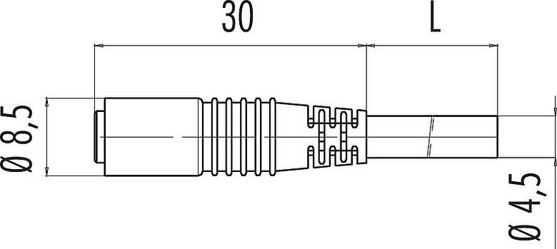 Scale drawing M8 Female cable connector, Contacts: 3, unshielded, moulded on the cable, IP65, PVC, black, 3 x 0.14 mm², Snap-in version, 2 m