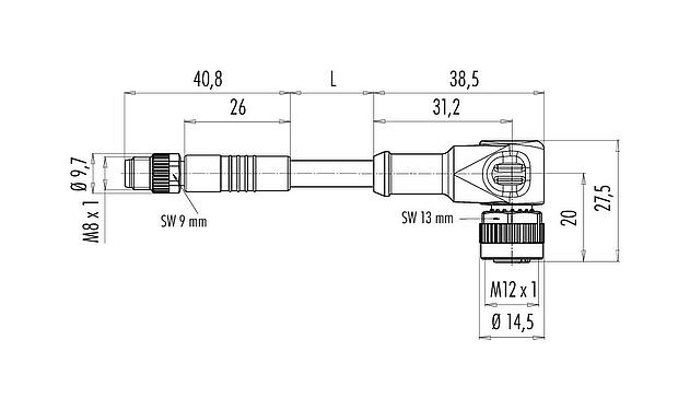 Dibujo a escala M12/M8 Conector de cable macho - conector hembra en ángulo, Número de contactos: 3, sin blindaje, moldeado en el cable, IP67/IP69K, UL 2238, PLTC, TPE-E, amarillo, 4 x AWG 22, 3 m