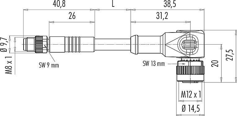 Scale drawing M12/M8 Male cable connector - female angled connector, Contacts: 4, unshielded, moulded on the cable, IP67/IP69K, PUR, black, 4 x 0.25 mm², with LED PNP closer, 2 m