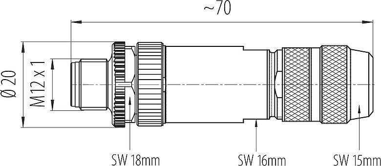 Dessin coté M12 Connecteur mâle, Contacts: 4, 8,0-9,0 mm, blindable, pince à visser, IP67, UL 2238, ressort à iris