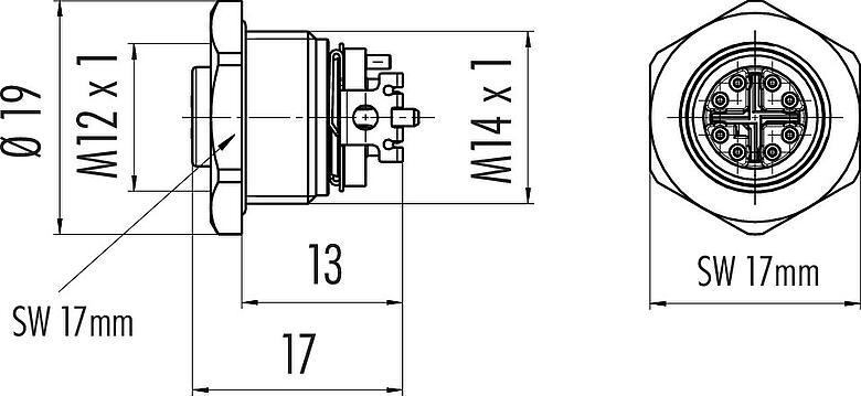 Dessin coté M12 Embase femelle, Contacts: 8, blindable, SMT, IP68, M14x1,0, Montage mural arrière