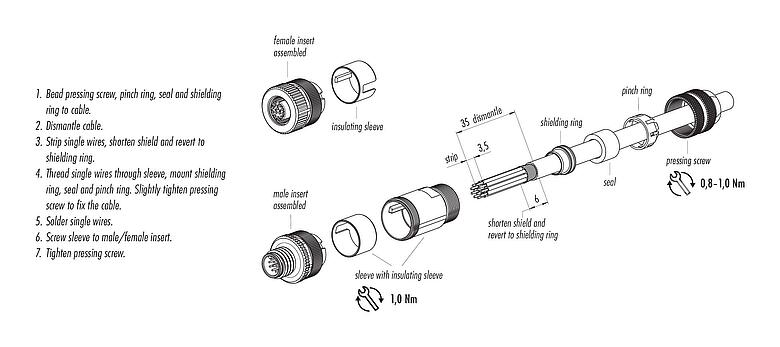 Instructions de montage M12 Connecteur mâle, Contacts: 12, 6,0-8,0 mm, blindable, souder, IP67, UL 2238, avec anneau de protection