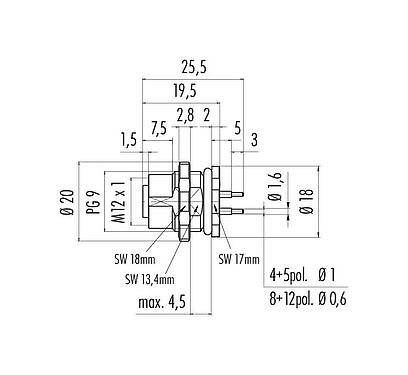 Scale drawing 86 0536 1000 00404 - M12 Female panel mount connector, Contacts: 4, unshielded, THT, IP67, UL 2238, PG 9, rear mounting