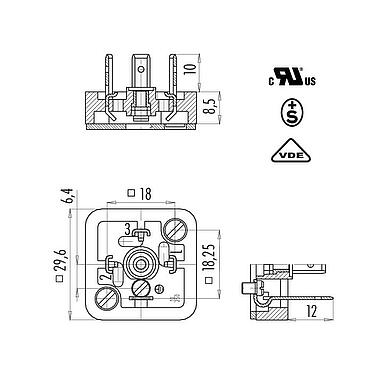 Dibujo a escala 43 1711 000 04 - Conector de alimentación macho, Número de contactos: 3+PE, sin blindaje, soldadura, IP40 sin junta, UL, ESTI+, VDE