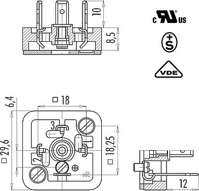 Dibujo a escala Conector de alimentación macho, Número de contactos: 3+PE, sin blindaje, soldadura, IP40 sin junta, UL, ESTI+, VDE