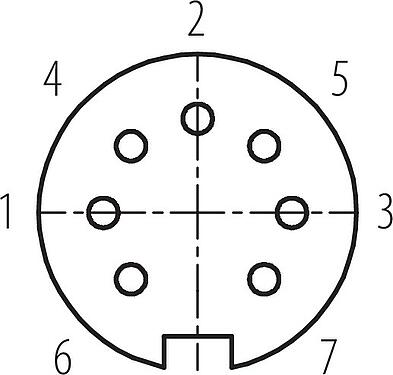 Contact arrangement (Plug-in side) M16 Female cable connector, Contacts: 7 (07-b), 4.0-6.0 mm, shieldable, solder, IP67, UL 2238, with shielding ring