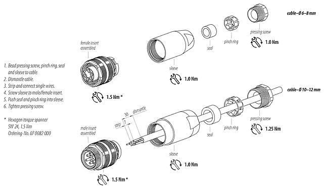 Instrucción de montaje 7/8" Conector de cable hembra, Número de contactos: 2+PE, 10,0-12,0 mm, sin blindaje, tornillo extraíble, IP67, UL 2238, VDE
