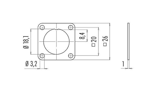 Scale drawing Square flange, IP67, with seal
