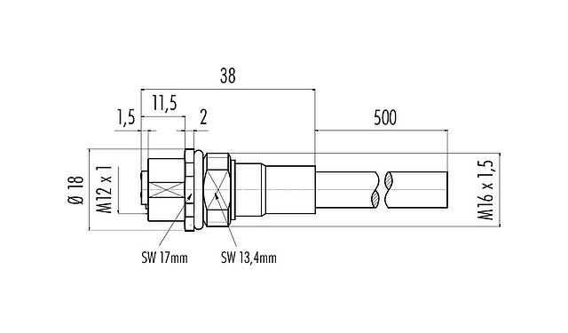 Scale drawing M12 Female panel mount connector, Contacts: 5, 5.3 mm, shielded, with cable assembled, IP68, M16x1.5, PUR, 5 x 0.25 mm², Front mounting, 0.5 m