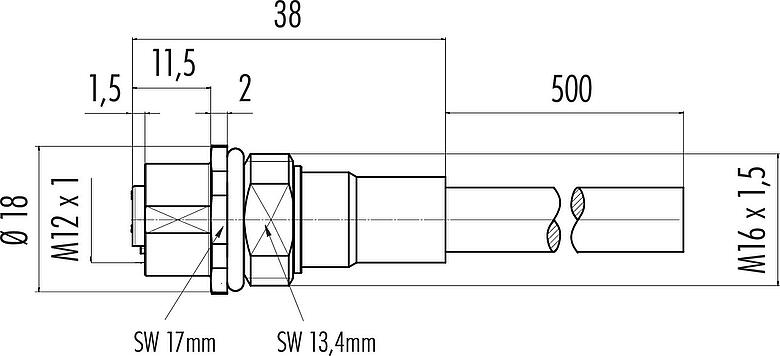 Dibujo a escala M12 Toma de brida, Número de contactos: 8, 6,0 mm, blindado, con cables ensamblado, IP68, M16x1,5, PUR, 8 x 0,25 mm², Montaje frontal, 0,5 m