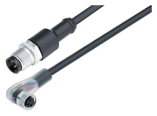 Illustration M12/M8 Male cable connector - female angled connector, Contacts: 3, unshielded, moulded on the cable, IP67/IP69K, PUR, black, 3 x 0.25 mm², with LED PNP closer, 2 m