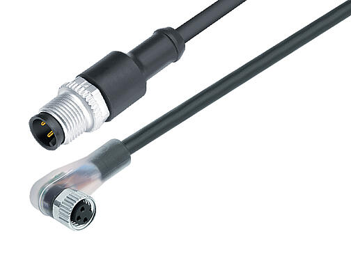 Ilustración 77 3608 3429 50003-0200 - M12 Conector de cable macho - conector hembra en ángulo M8x1, Número de contactos: 3, sin blindaje, moldeado en el cable, IP67, PUR, negro, 3 x 0,25 mm², con LED PNP, 2 m