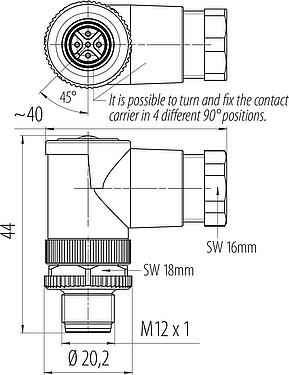 Scale drawing M12 Male angled connector, Contacts: 5, 6.0-8.0 mm, unshielded, screw clamp, IP67, UL 2238