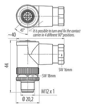 Dessin coté M12 Connecteur mâle coudé, Contacts: 5, 6,0-8,0 mm, non blindé, pince à visser, IP67, UL 2238