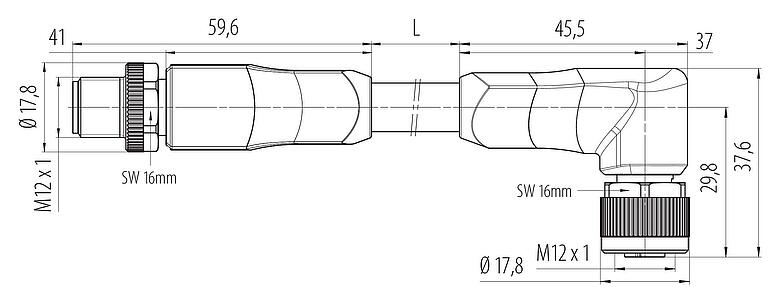 Dibujo a escala M12 Conector de cable macho - conector hembra en ángulo, Número de contactos: 4+PE, sin blindaje, moldeado en el cable, IP68, UL 2238, PUR, negro, 5 x 1,50 mm², UL en preparación, 5 m