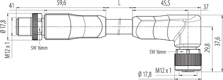 Dibujo a escala M12 Conector de cable macho - conector hembra en ángulo, Número de contactos: 4+PE, sin blindaje, moldeado en el cable, IP68, UL 2238, PUR, negro, 5 x 2,50 mm², UL en preparación, 2 m