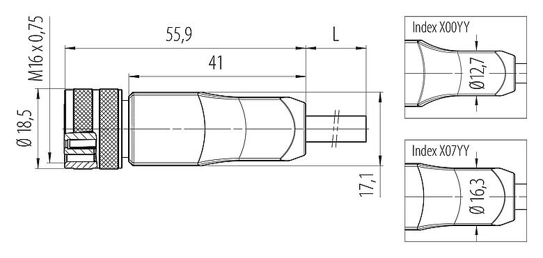 Scale drawing M16 Female cable connector, Contacts: 7 (07-a), shielded, moulded on the cable, IP67, PUR, black, 7 x 0.25 mm², 2 m