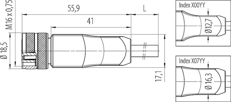 Dessin coté M16 Connecteur femelle, Contacts: 7 (07-a), blindé, surmoulé sur le câble, IP67, PUR, noir, 7 x 0,25 mm², 2 m