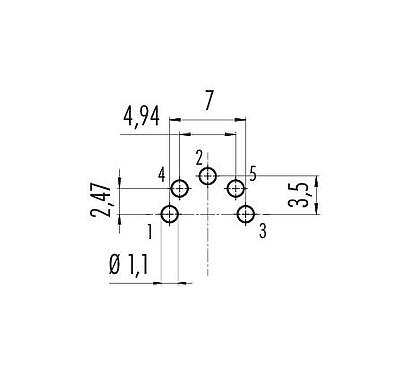 Conductor layout 09 0320 90 05 - M16 Female panel mount connector, Contacts: 5 (05-b), unshielded, THT, IP40, front fastened