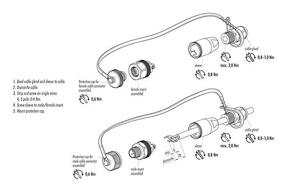 Assembly instructions M12 Female cable connector, Contacts: 4, 4.0-6.5 mm, unshielded, screw clamp, IP68/IP69K, for outdoor, UV resistant