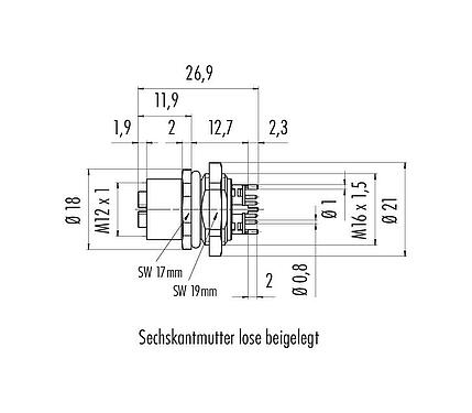 Scale drawing M12 Female panel mount connector, Contacts: 8, shieldable, THT, IP67, UL, M16x1.5, Front mounting
