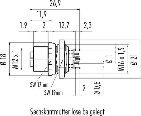 Dessin coté M12 Embase femelle, Contacts: 8, blindable, THT, IP67, UL, M16x1,5, Montage frontal