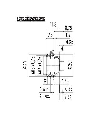 Scale drawing 09 0332 66 12 - M16 Female panel mount connector, Contacts: 12 (12-a), unshielded, THT, IP40, front fastened