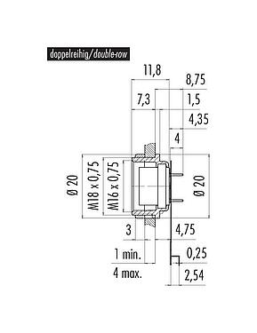 Scale drawing M16 Female panel mount connector, Contacts: 12 (12-a), unshielded, THT, IP40, M18x0,75, Rear mounting, double-row