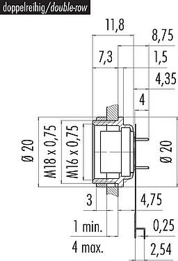 Scale drawing M16 Female panel mount connector, Contacts: 12 (12-a), unshielded, THT, IP40, M18x0,75, Rear mounting, double-row