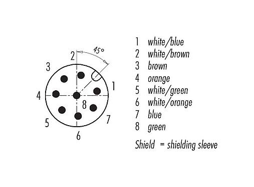 Contact arrangement (Plug-in side) M12 Male angled connector, Contacts: 8, shielded, moulded on the cable, IP67, Ethernet CAT5e, TPE, teal, 4 x 2 x AWG 24, 1 m