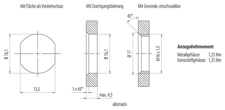 Muestra de montaje M12 Toma de brida, Número de contactos: 4, sin blindaje, hilos, IP68, UL 2238, M16x1,5, Montaje frontal